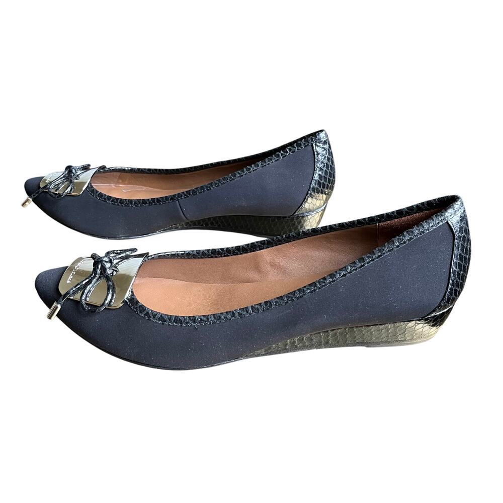 Donald J Pliner Ballet Wedge Size 7.5N Narrow Black Silver Bow Suede Pointed Toe